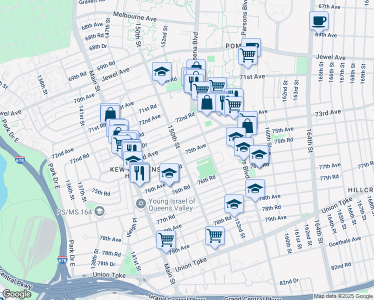 map of restaurants, bars, coffee shops, grocery stores, and more near 150-15 75th Avenue in Queens