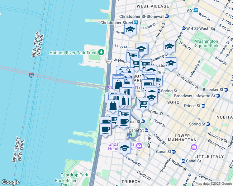 map of restaurants, bars, coffee shops, grocery stores, and more near 471 Washington Street in New York