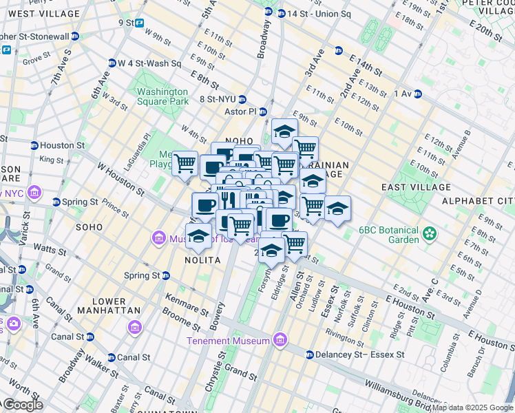 map of restaurants, bars, coffee shops, grocery stores, and more near 305 Bowery in New York
