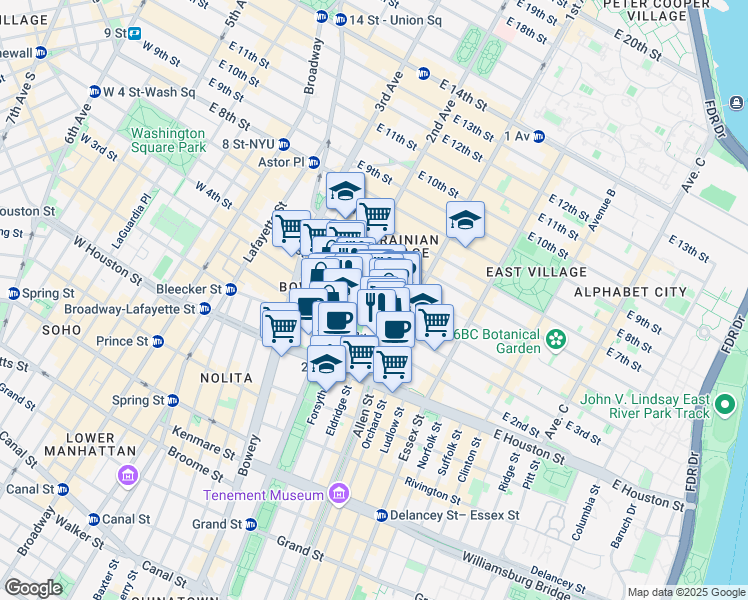 map of restaurants, bars, coffee shops, grocery stores, and more near 68 East 3rd Street in New York