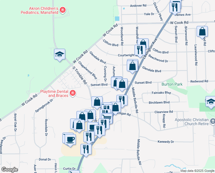 map of restaurants, bars, coffee shops, grocery stores, and more near 745 Sunset Boulevard in Mansfield