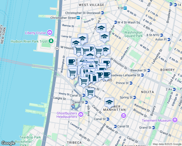 map of restaurants, bars, coffee shops, grocery stores, and more near 155 Avenue of the Americas in New York