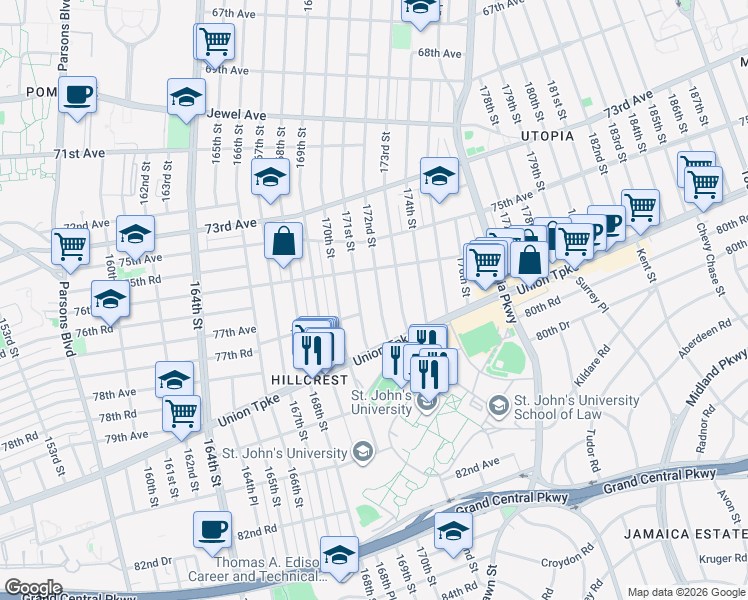 map of restaurants, bars, coffee shops, grocery stores, and more near 76-53 172nd Street in Queens