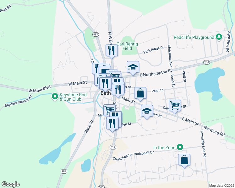 map of restaurants, bars, coffee shops, grocery stores, and more near 208 South Walnut Street in Bath