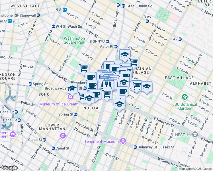 map of restaurants, bars, coffee shops, grocery stores, and more near 305 Bowery in New York