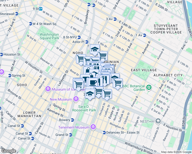 map of restaurants, bars, coffee shops, grocery stores, and more near 54 2nd Avenue in New York
