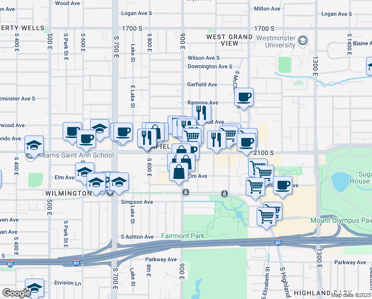 map of restaurants, bars, coffee shops, grocery stores, and more near 2148 South 900 East in Salt Lake City