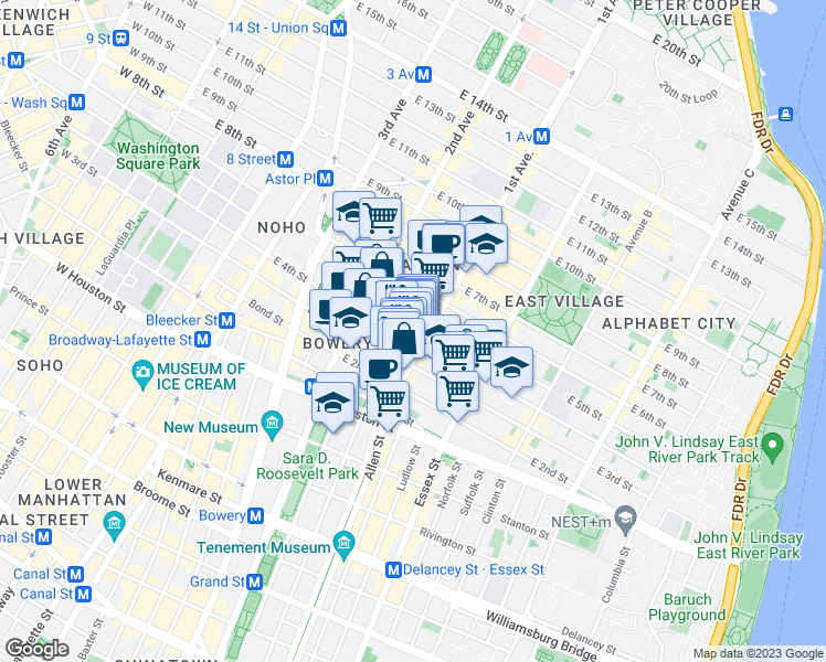map of restaurants, bars, coffee shops, grocery stores, and more near 57 1st Avenue in New York