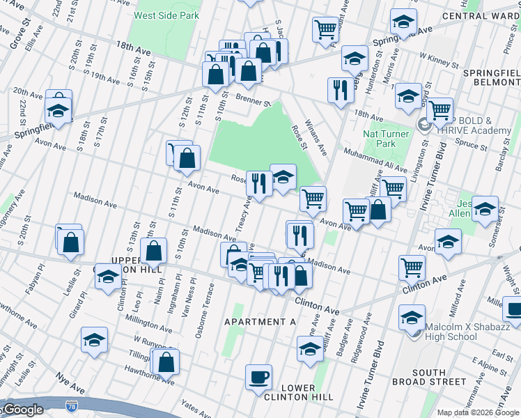 map of restaurants, bars, coffee shops, grocery stores, and more near 15 Farley Avenue in Newark