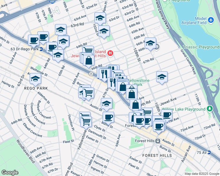 map of restaurants, bars, coffee shops, grocery stores, and more near 102-30 Queens Boulevard in Queens