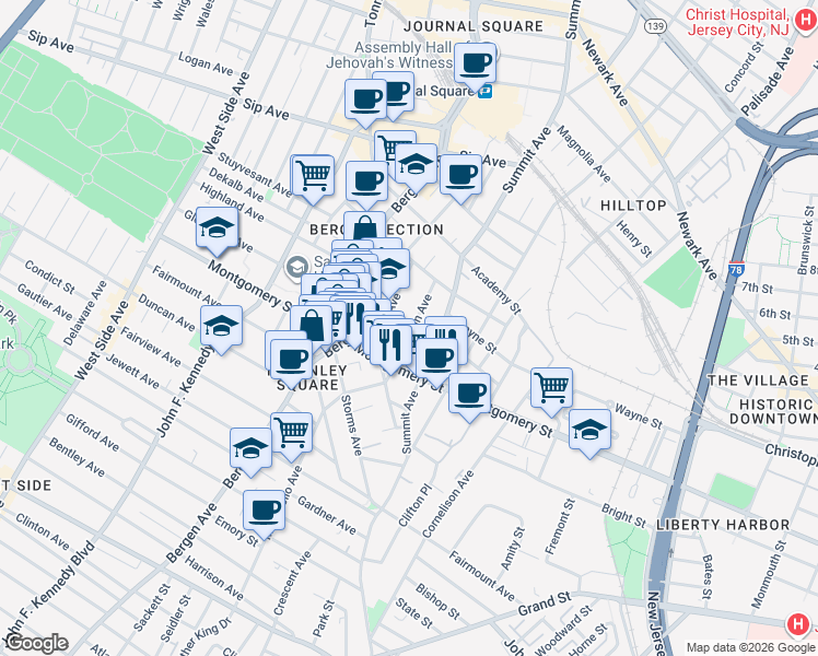 map of restaurants, bars, coffee shops, grocery stores, and more near 678 Montgomery Street in Jersey City