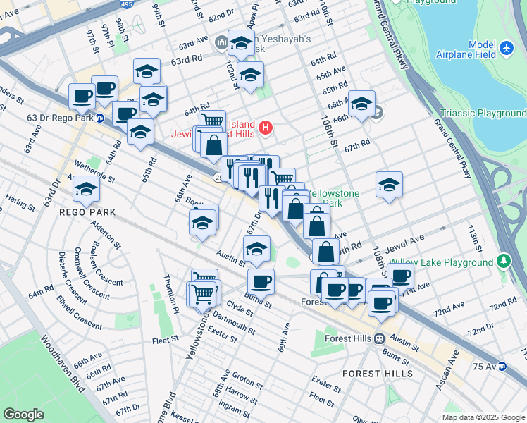 map of restaurants, bars, coffee shops, grocery stores, and more near 67-50 Booth Street in Queens