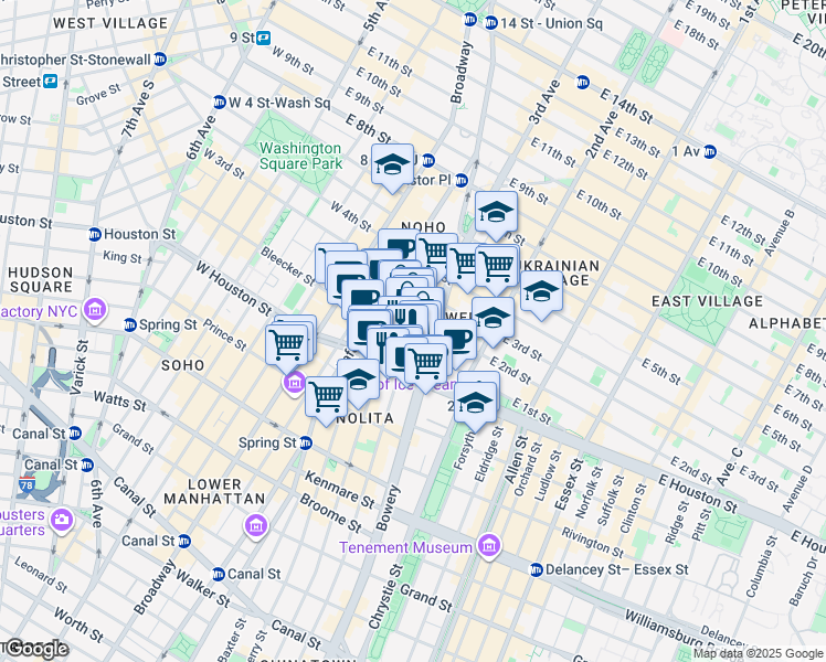 map of restaurants, bars, coffee shops, grocery stores, and more near 301 Elizabeth Street in New York