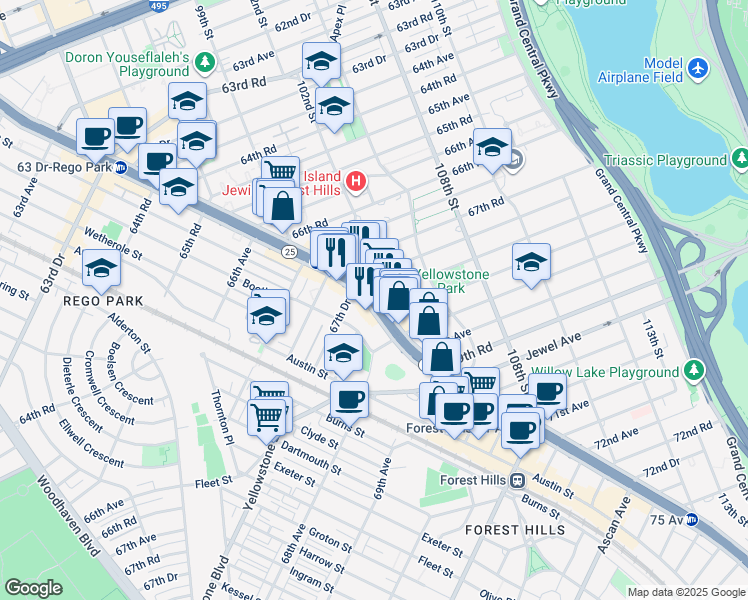 map of restaurants, bars, coffee shops, grocery stores, and more near Queens Blvd & 68th Ave in Queens