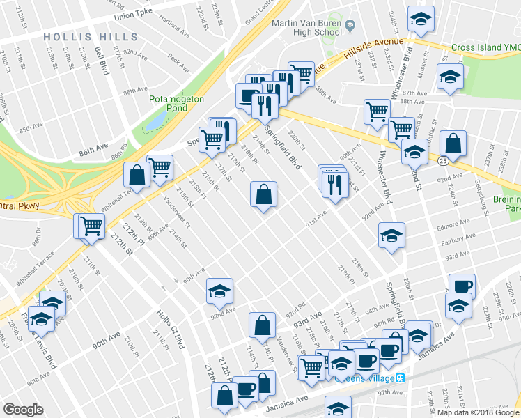 map of restaurants, bars, coffee shops, grocery stores, and more near 89-81 217th Street in Queens
