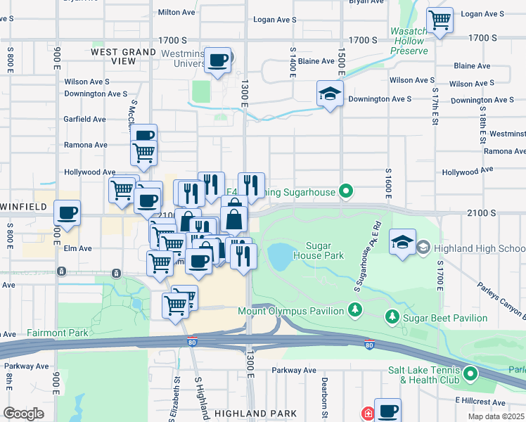 map of restaurants, bars, coffee shops, grocery stores, and more near 2111 1300 East in Salt Lake City