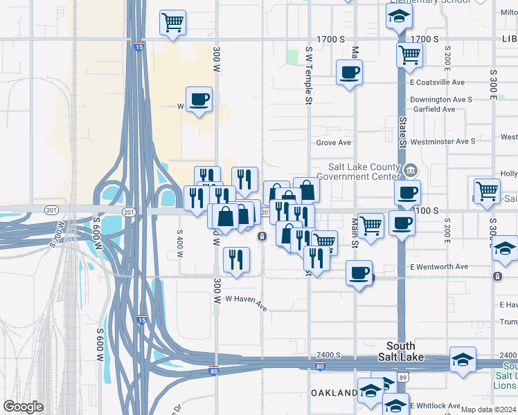map of restaurants, bars, coffee shops, grocery stores, and more near 195 2100 South in Salt Lake City