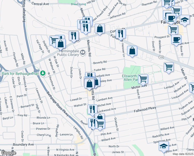map of restaurants, bars, coffee shops, grocery stores, and more near 4 McKinley Avenue in Farmingdale