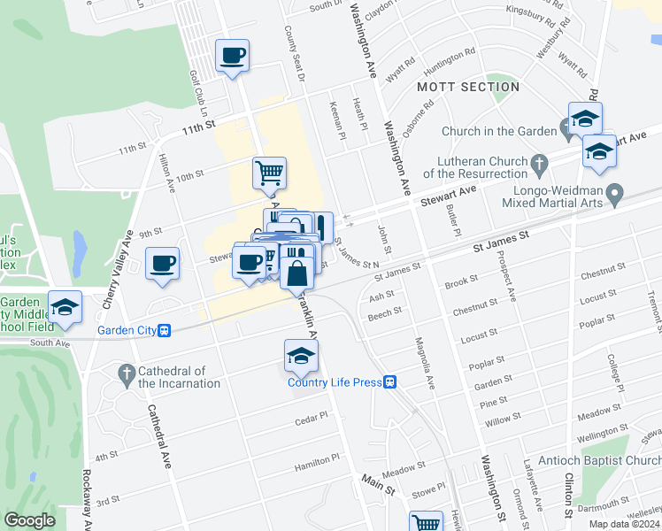 map of restaurants, bars, coffee shops, grocery stores, and more near Unnamed Road in Garden City