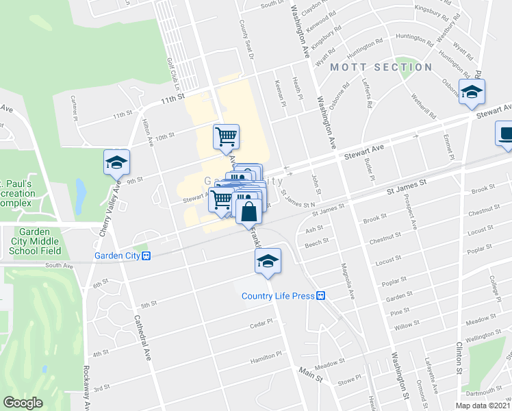 map of restaurants, bars, coffee shops, grocery stores, and more near 667 Franklin Avenue in Garden City