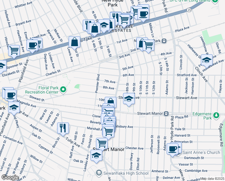 map of restaurants, bars, coffee shops, grocery stores, and more near 901 Covert Avenue in New Hyde Park