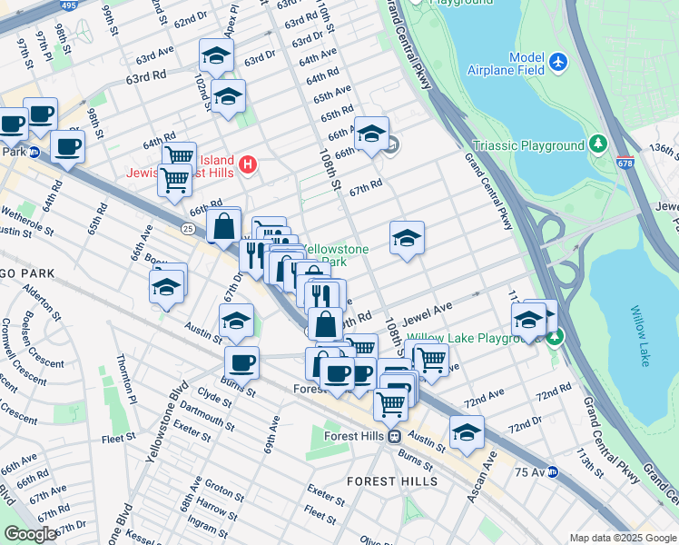 map of restaurants, bars, coffee shops, grocery stores, and more near 68-38 Yellowstone Boulevard in Queens