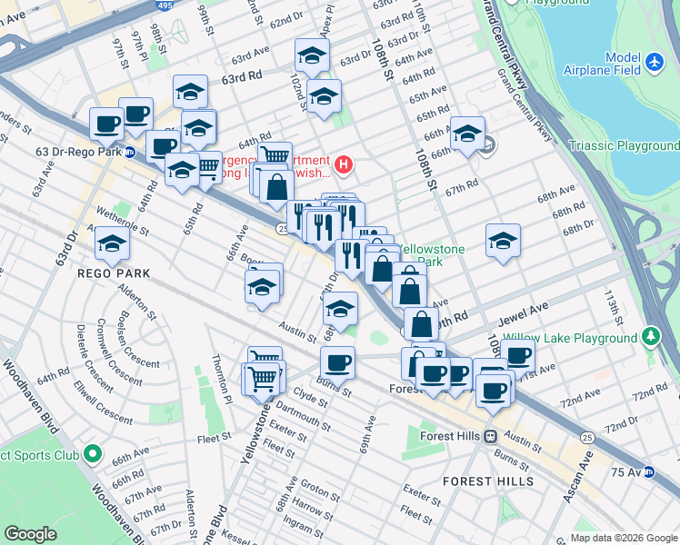 map of restaurants, bars, coffee shops, grocery stores, and more near 67-50 Booth Street in Queens