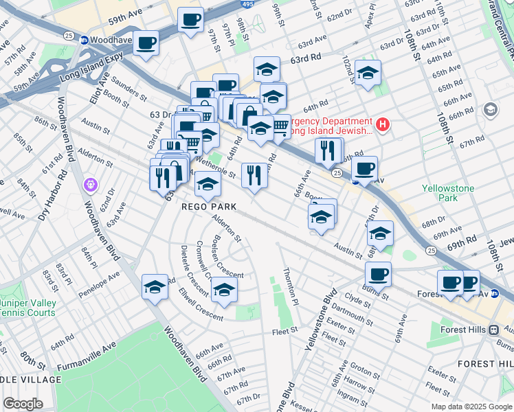 map of restaurants, bars, coffee shops, grocery stores, and more near 65-50 Austin Street in Queens