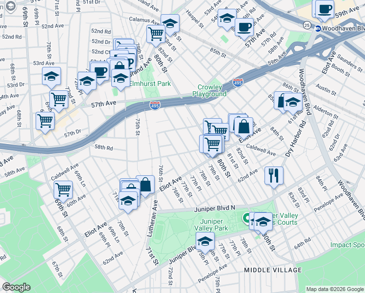 map of restaurants, bars, coffee shops, grocery stores, and more near 60-03 77th Place in Queens