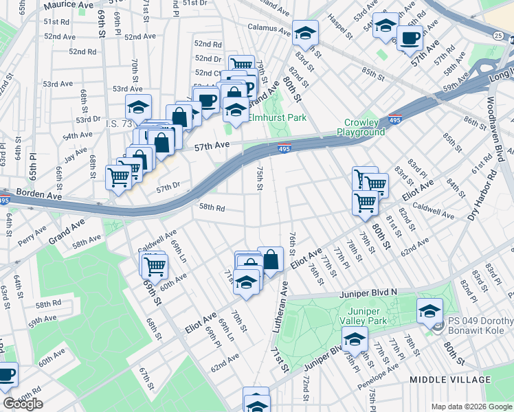 map of restaurants, bars, coffee shops, grocery stores, and more near 58-39 74th Street in Queens