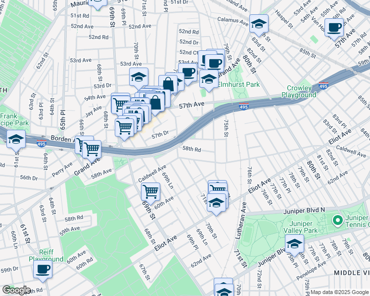 map of restaurants, bars, coffee shops, grocery stores, and more near 58-41 Mazeau Street in Queens