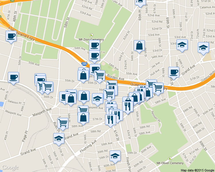 map of restaurants, bars, coffee shops, grocery stores, and more near 60-36 56th Avenue in Queens