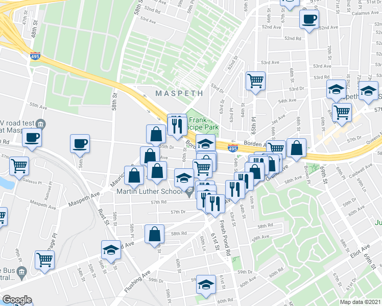 map of restaurants, bars, coffee shops, grocery stores, and more near 60-36 56th Avenue in Queens
