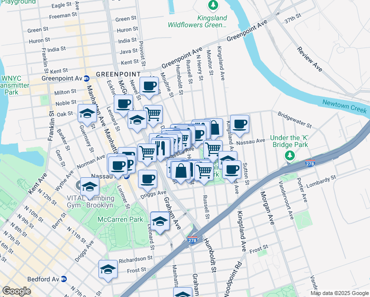 map of restaurants, bars, coffee shops, grocery stores, and more near 663 Humboldt Street in Brooklyn