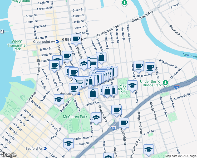 map of restaurants, bars, coffee shops, grocery stores, and more near 147 Nassau Avenue in Brooklyn