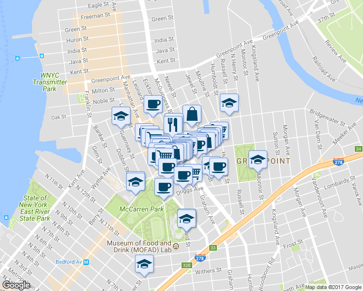 map of restaurants, bars, coffee shops, grocery stores, and more near 71 1/2 McGuinness Boulevard in Brooklyn