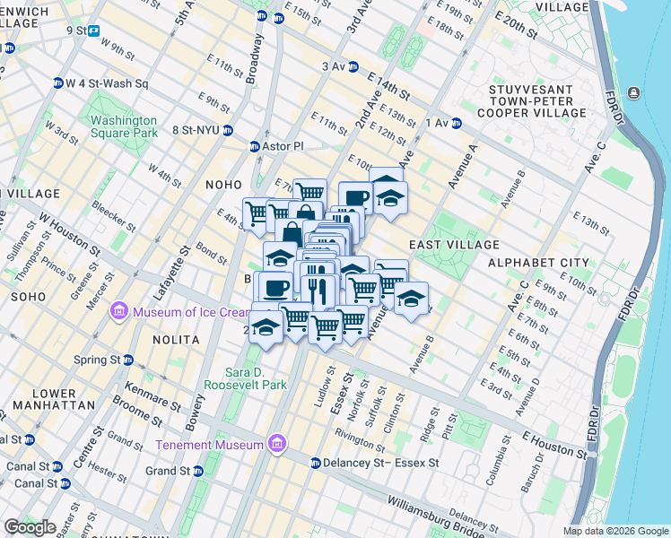 map of restaurants, bars, coffee shops, grocery stores, and more near 57 1st Avenue in New York