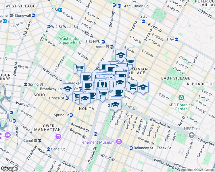 map of restaurants, bars, coffee shops, grocery stores, and more near 305 Bowery in New York
