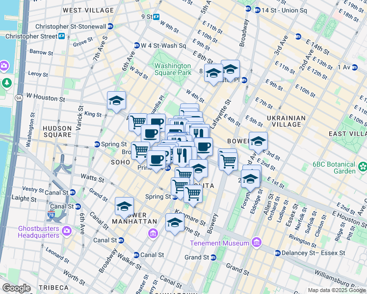 map of restaurants, bars, coffee shops, grocery stores, and more near 286 Lafayette Street in New York