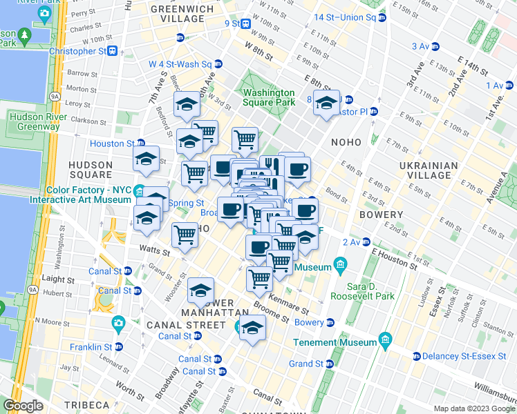 map of restaurants, bars, coffee shops, grocery stores, and more near in New York