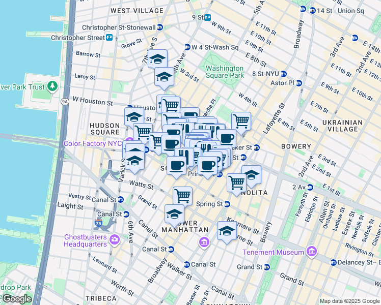 map of restaurants, bars, coffee shops, grocery stores, and more near 110 Prince Street in New York