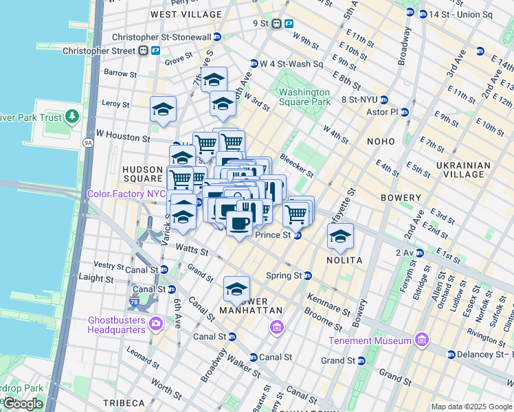 map of restaurants, bars, coffee shops, grocery stores, and more near 423 West Broadway in New York