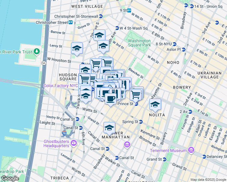 map of restaurants, bars, coffee shops, grocery stores, and more near 423 West Broadway in New York