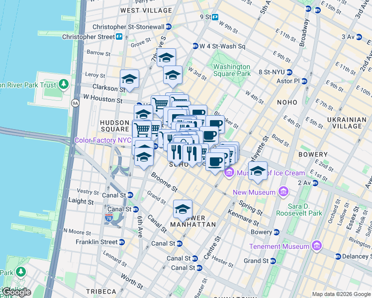 map of restaurants, bars, coffee shops, grocery stores, and more near 423 West Broadway in New York