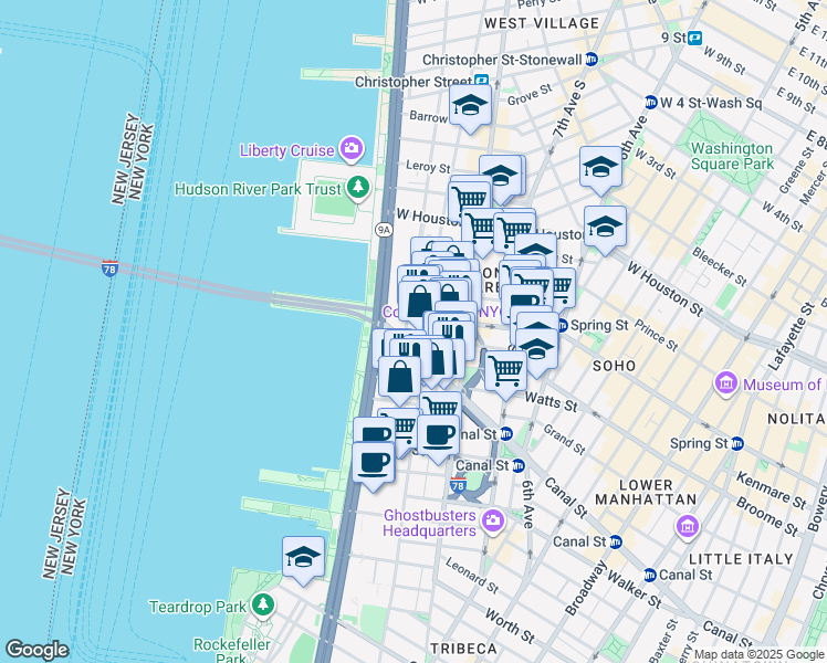 map of restaurants, bars, coffee shops, grocery stores, and more near 471 Washington Street in New York