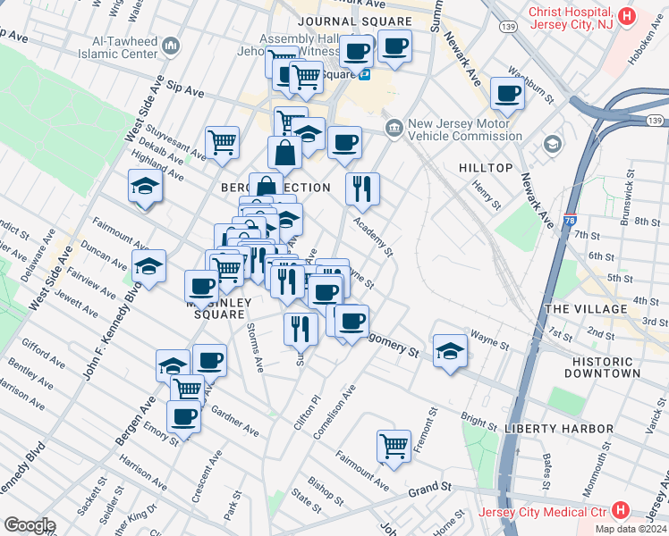 map of restaurants, bars, coffee shops, grocery stores, and more near in Jersey City
