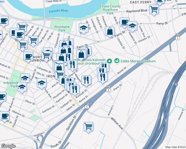 map of restaurants, bars, coffee shops, grocery stores, and more near 133 Magazine Street in Newark