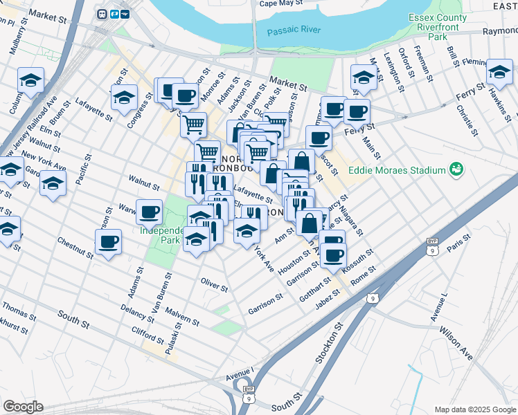 map of restaurants, bars, coffee shops, grocery stores, and more near 421 Walnut Street in Newark
