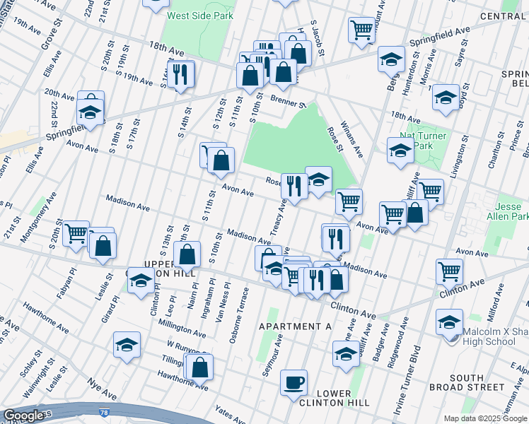 map of restaurants, bars, coffee shops, grocery stores, and more near 49 Treacy Avenue in Newark