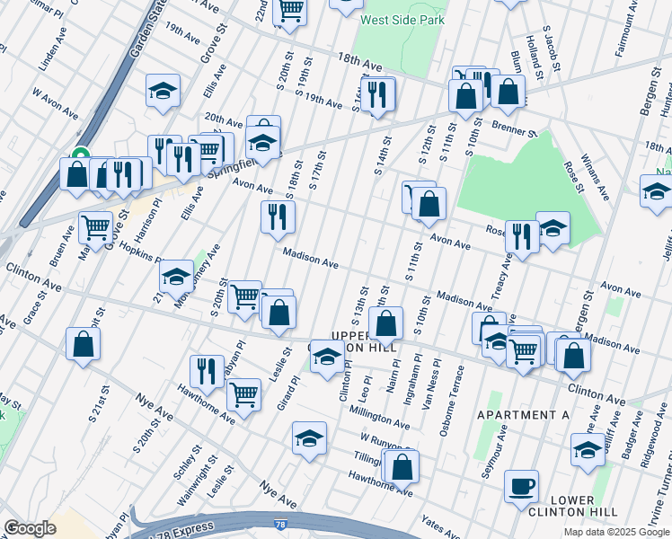 map of restaurants, bars, coffee shops, grocery stores, and more near 844 South 15th Street in Newark
